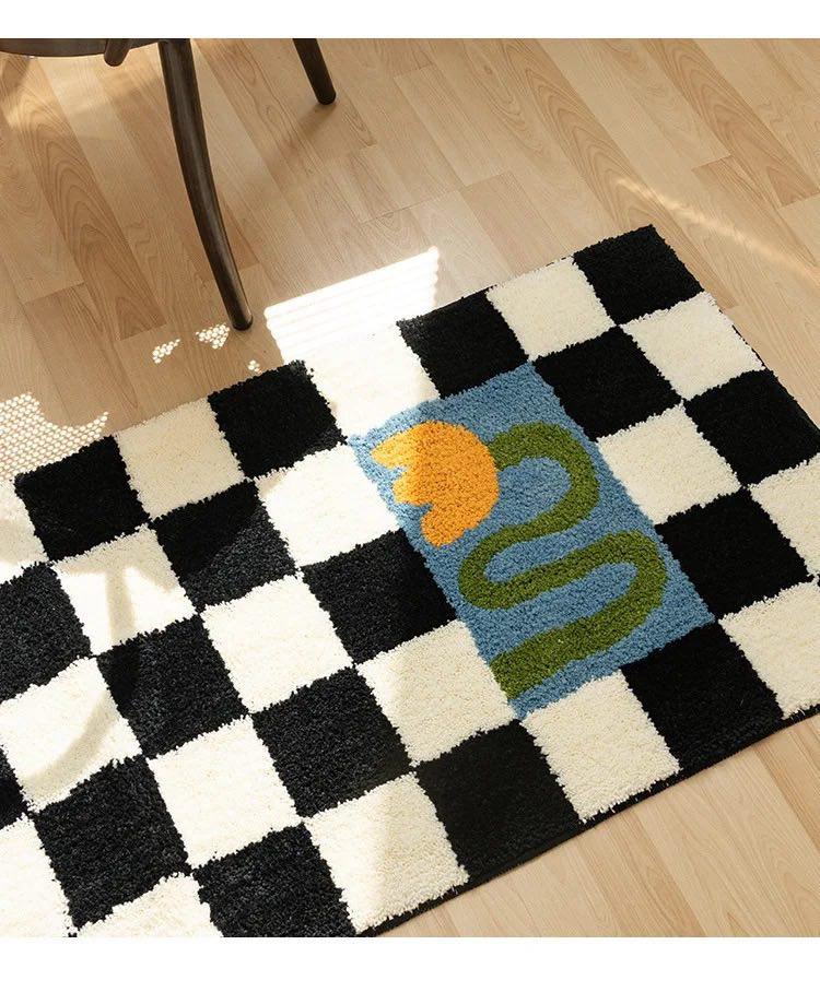 Checkered Fluffy Bedside Rug - Kyootii