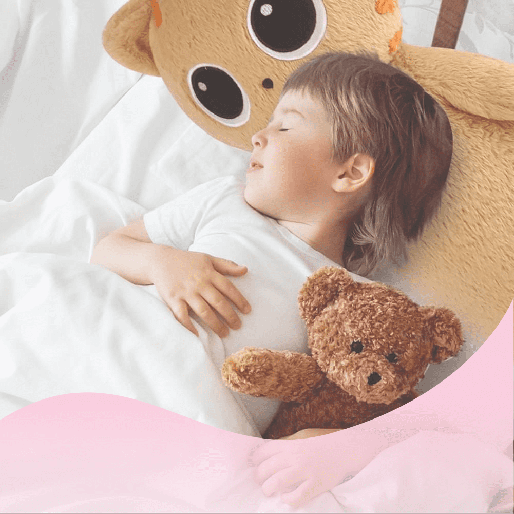 a child sleeping with a stuffed bear (Plushie That Doubles As A Pillow)